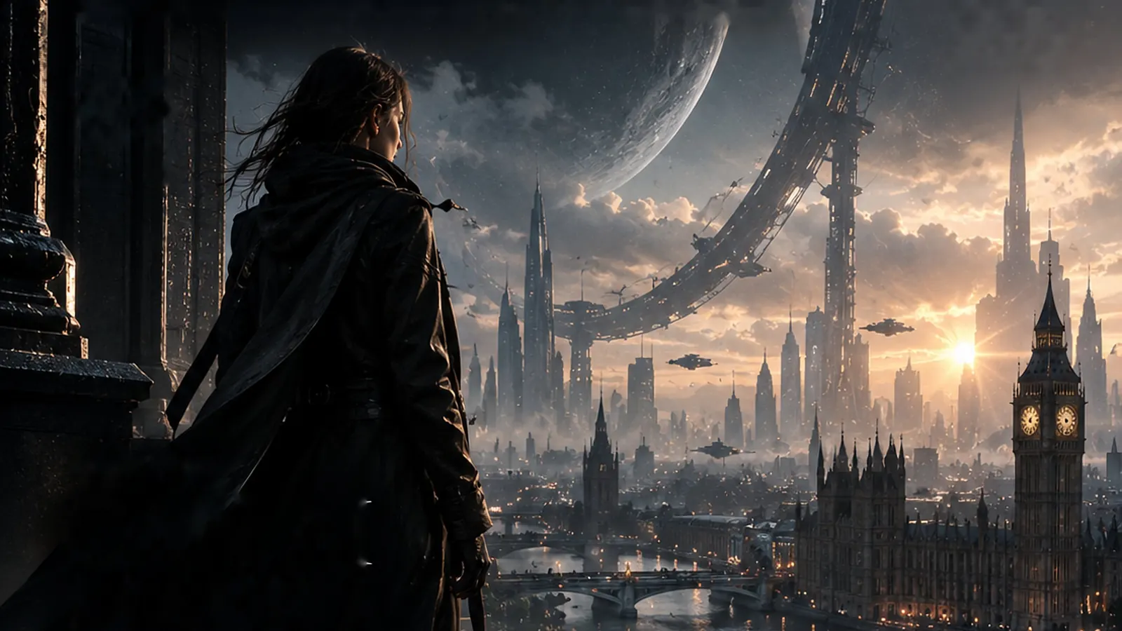 A figure in a long coat looks out over a future London, a ring structure and a moon above the skyline