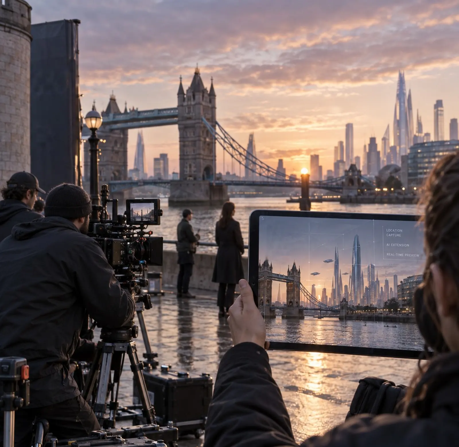 A camera crew films Tower Bridge while a tablet previews the same view extended into a future skyline